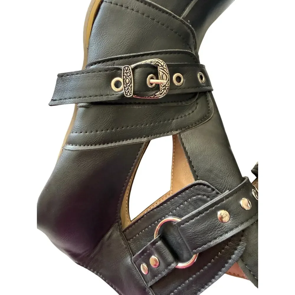 Black Leather Ankle Boots w/ Buckle & Strap Detail Chunky Heel NWOT